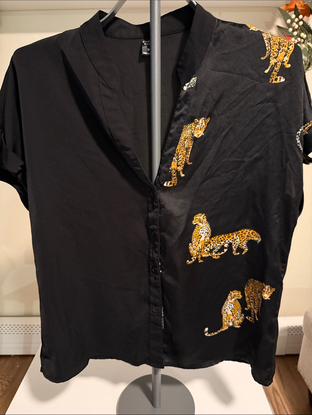 Black Leopard Print Button-Front Womens Shirt